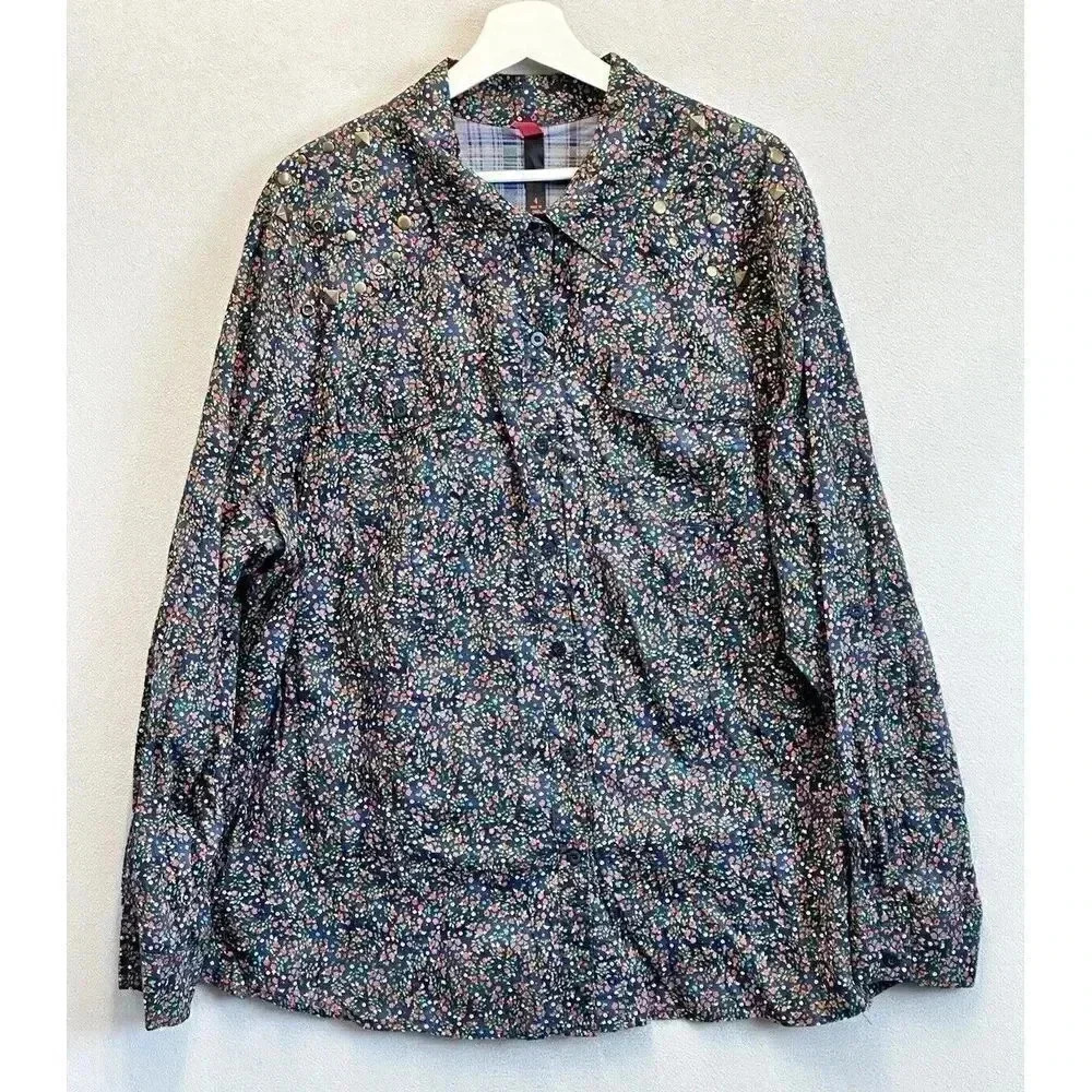 Pure Energy Women's Sz 4 (4x) Multicolor Floral Prints Studded Button Up Shirt